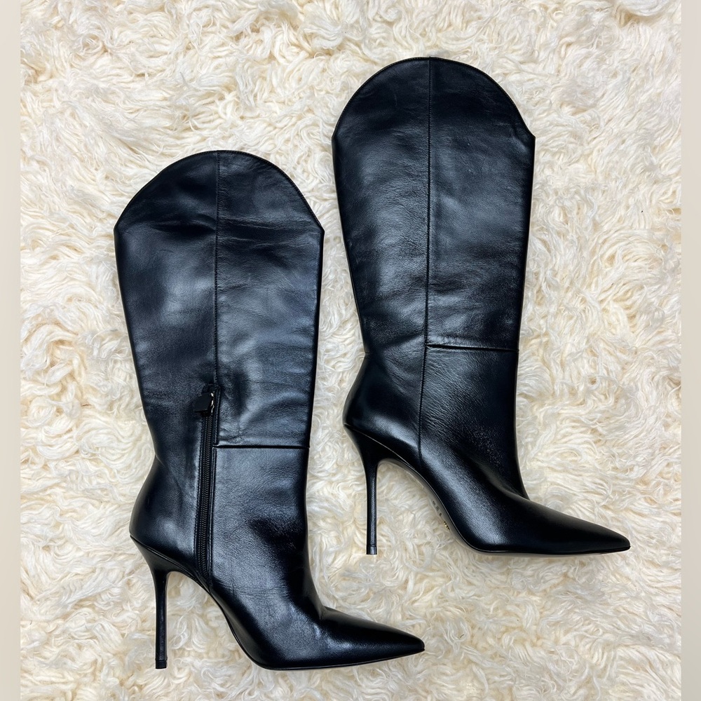 Stuart Weitzman Black Leather Over-the-Knee Pointed Toe Stiletto Boots - Picture 2 of 14